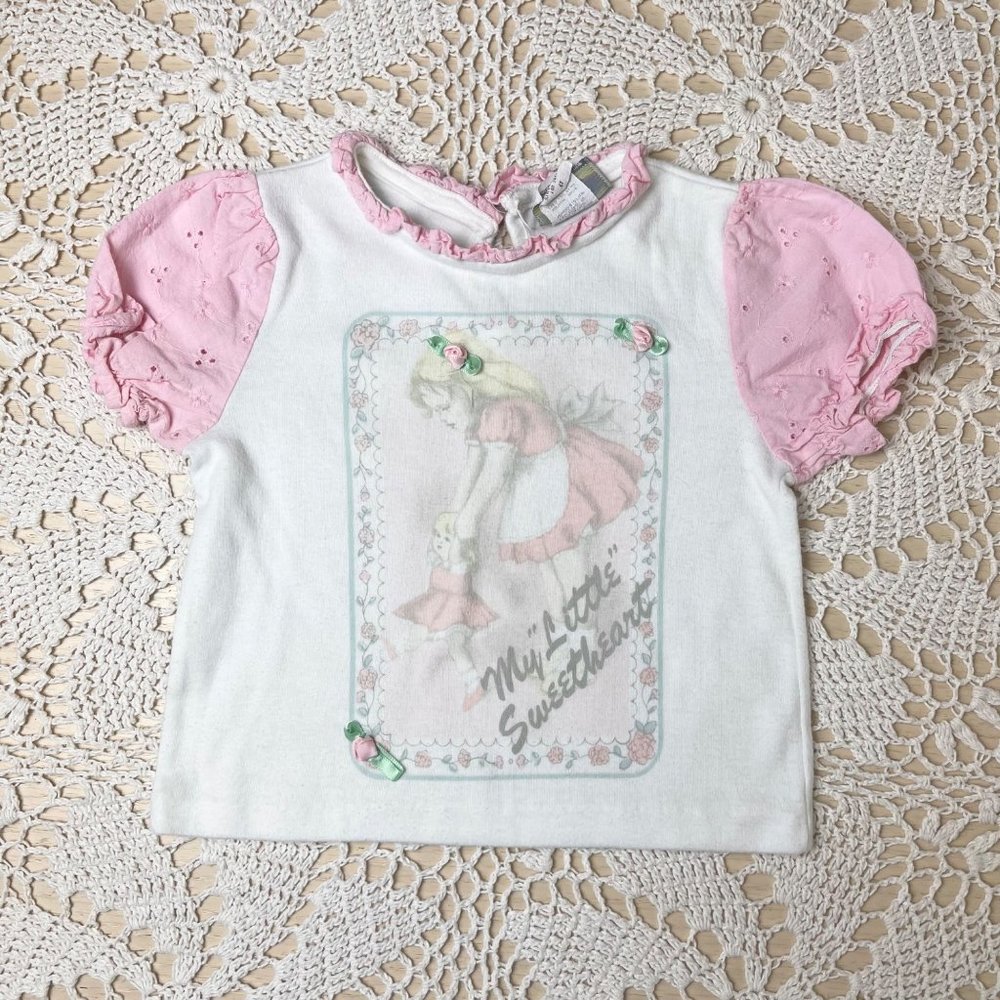 Vintage 1980s VDG Baby Girl 4t My Little Sweetheart Dolly Eyelet Sleeves Shirt